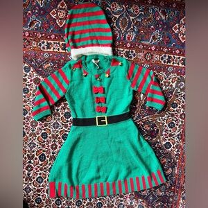 Festive Red and Green Elf Sweater Dress with detachable hat
